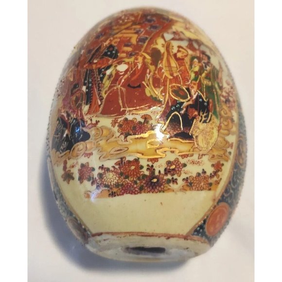 Vintage Chinese Ceramic Eggs Large 5x3" Festive Hand Painted W/ Wooden Pedestal - Picture 10 of 16